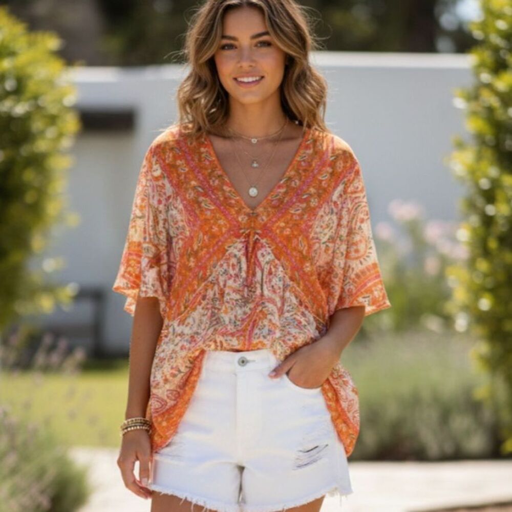 Rose+Olive Sheer Top Bohemian Orange Floral Tunic Women's Size L Fairy Boho